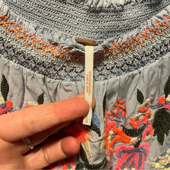 FREE PEOPLE ~ Powder Blue Sunbeam Embroidered Off The Shoulder Dress Smocking - Picture 6 of 10